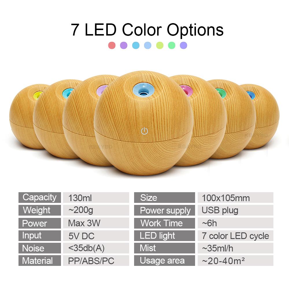 130ml USB Aroma Essential Oil Diffuser Ultrasonic Mist Humidifier Air Purifier 7 Color Change LED Night light for Office Home - Image 2