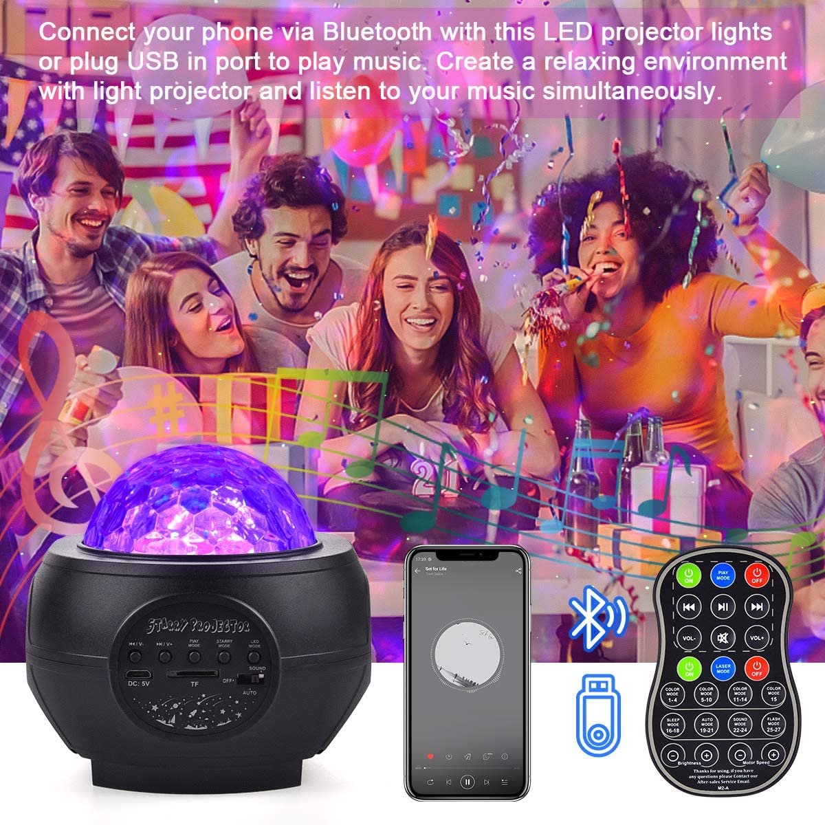 LED Laser Colorful Starry Sky Ocean Projector Night Light Remote Control Ocean Wave Projection Lamp With Bluetooth Music Speaker - Image 3