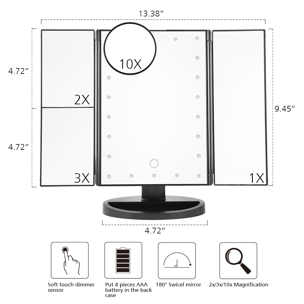 LED Touch Screen 22 Light Makeup Mirror Table Desktop Makeup 1X/2X/3X/10X Magnifying Mirrors Vanity 3 Folding Adjustable Mirror - Image 2