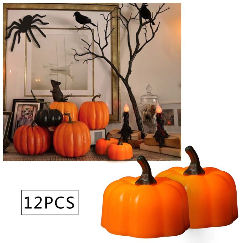 12Pcs 3D Pumpkin Battery Operated LED Electric Candle Light Flameless Tealights Flickering Halloween Festival Party Decoration - Image 6